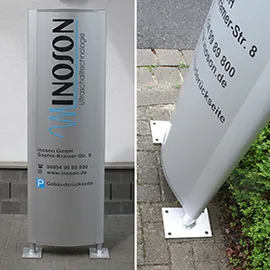Pylon Smal unbeleuchtet, gewölbt Profil und Fläche silber eloxiert, Beschriftung durch Hochleistungsfolie